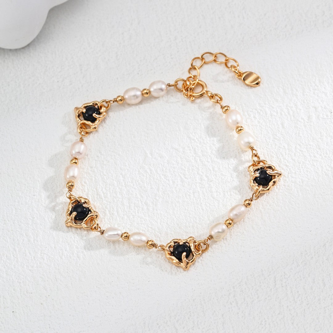 Vintage Pearl & Onyx Bracelet | S925 Sterling Silver, Vintage Gold