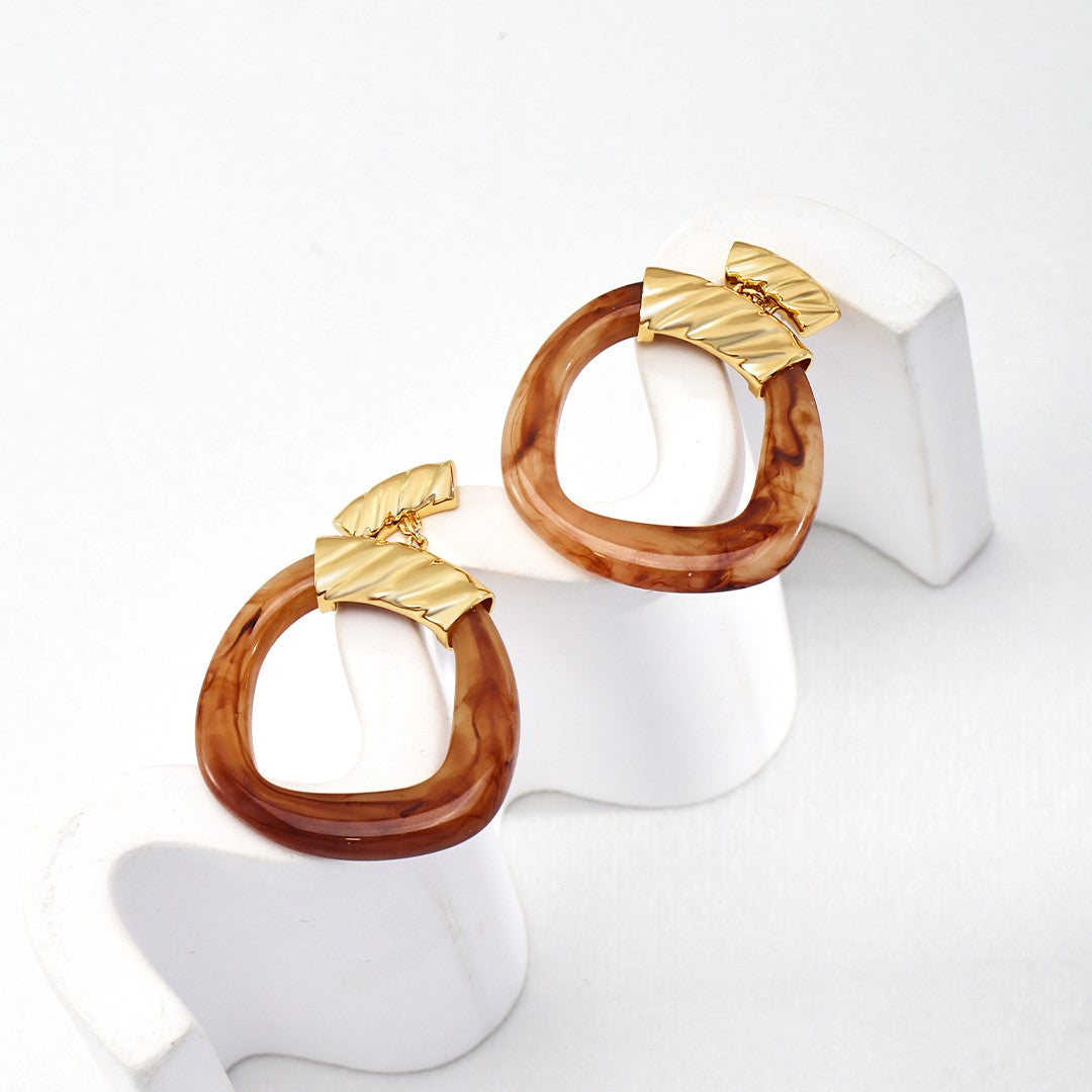 Retro Resin Hoop Earrings | S925 Sterling Silver, Caramel & Vintage Gold