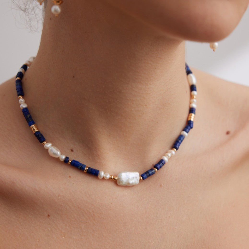 Lapis Lazuli & Pearl Necklace | S925 Sterling Silver, Vintage Gold