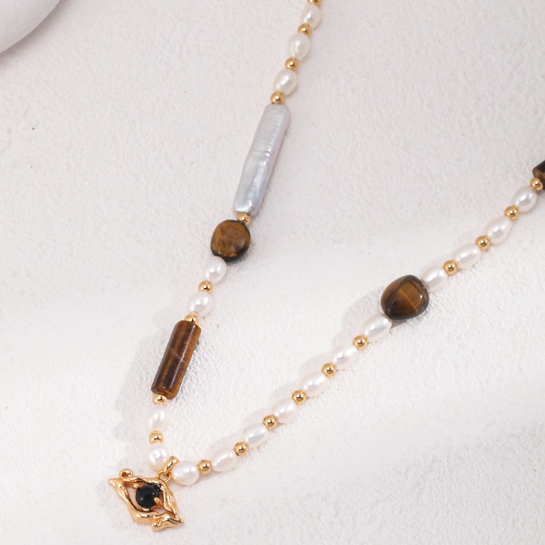 Tiger’s Eye & Pearl Necklace | S925 Sterling Silver, Vintage Gold