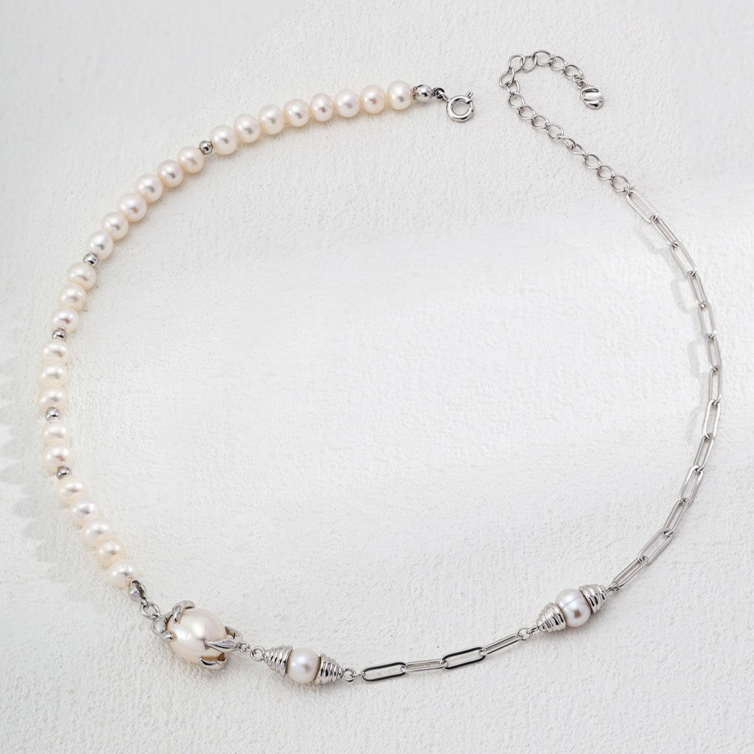 Asymmetrical Pearl Necklace | S925 Sterling Silver, Vintage Gold / White Gold