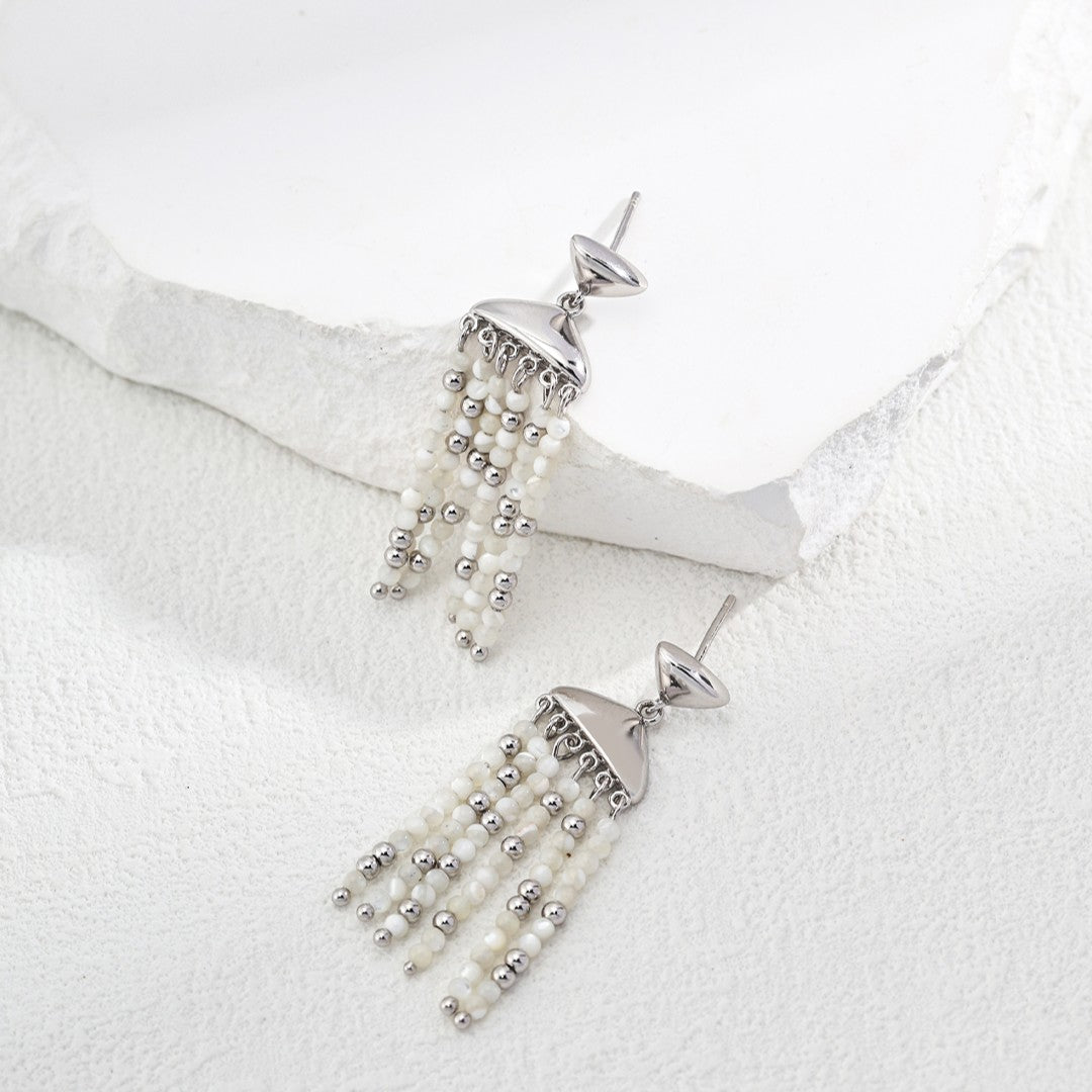 Silver Shell Tassel Earrings | S925 Sterling Silver, Vintage Gold / White Gold