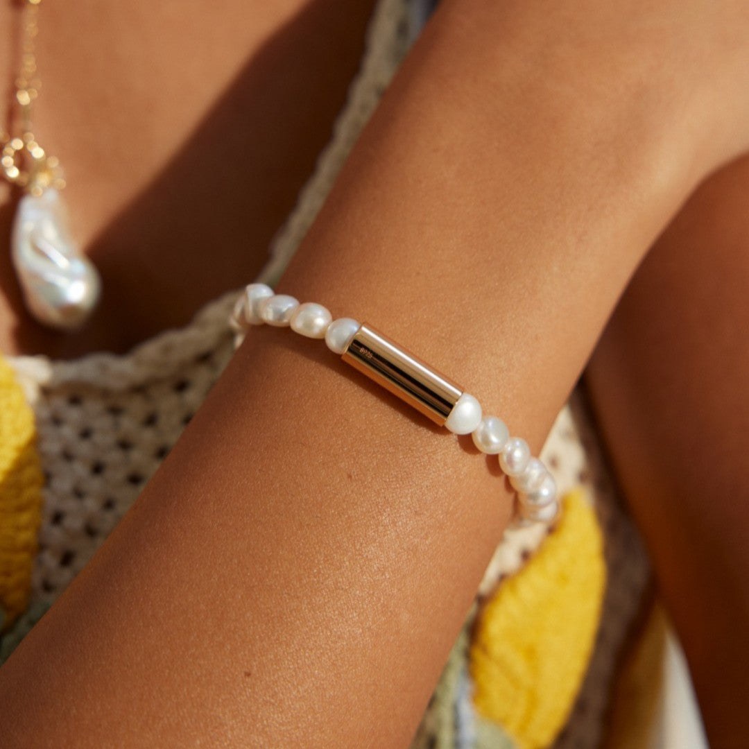 Minimalist Pearl Bracelet | S925 Sterling Silver, Vintage Gold