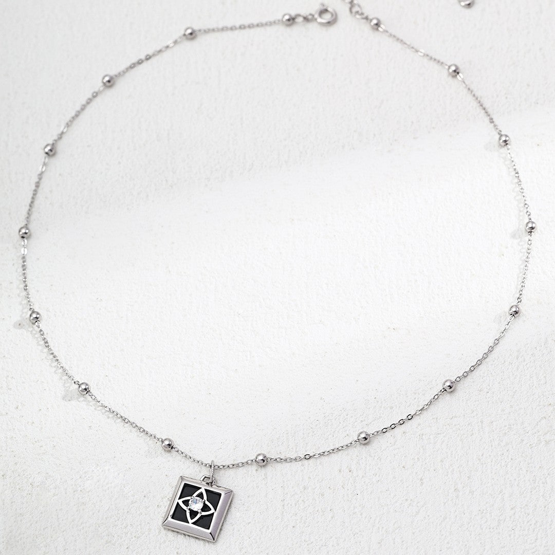 Square Onyx & Zircon Pendant Necklace | S925 Sterling Silver, Vintage Gold / White Gold