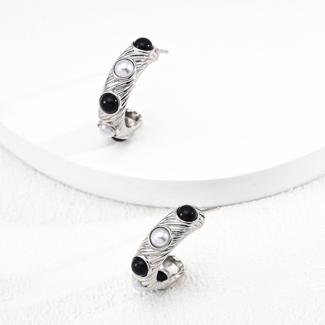 Pearl & Onyx Vintage Hoop Earrings | S925 Sterling Silver