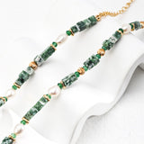 Qinghai Stone & Pearl Necklace | S925 Sterling Silver, Vintage Gold
