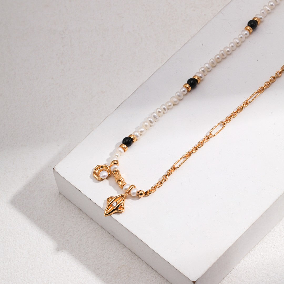 Celestial Pearl Necklace | S925 Sterling Silver, Vintage Gold / White Gold