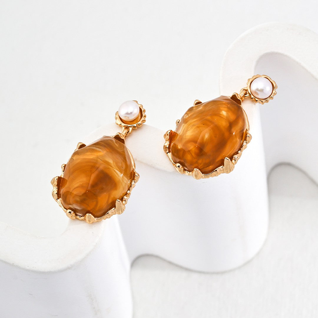 Vintage Pearl & Amber Resin Earrings | S925 Sterling Silver