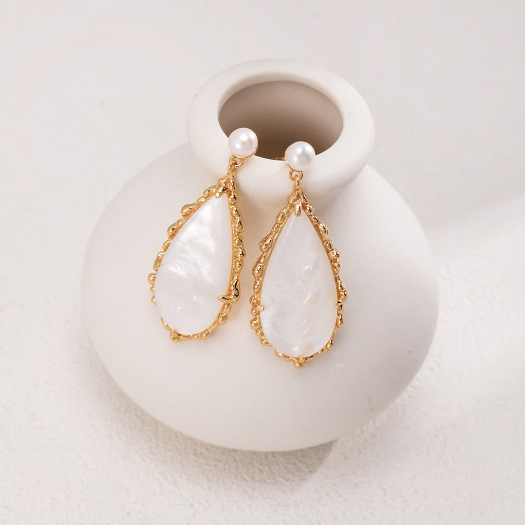 Baroque Shell & Pearl Drop Earrings | S925 Sterling Silver, Vintage Gold