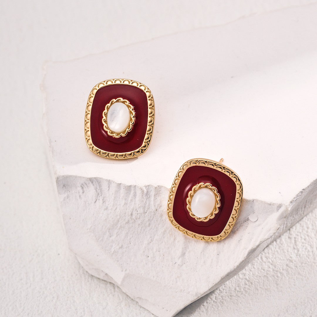Red Enamel & Shell Stud Earrings | S925 Sterling Silver, Vintage Gold