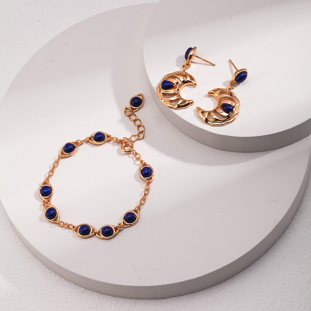 Lapis Crescent Earrings | S925 Sterling Silver, Vintage Gold