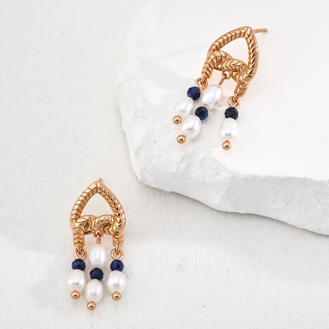 Lapis Lazuli & Pearl Drop Earrings | S925 Sterling Silver, Vintage Gold