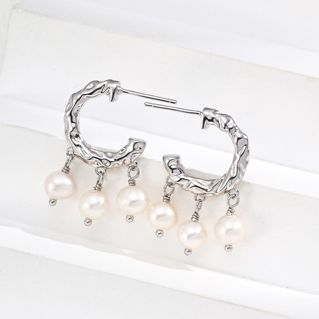 Textured Pearl Drop Hoop Earrings | S925 Sterling Silver