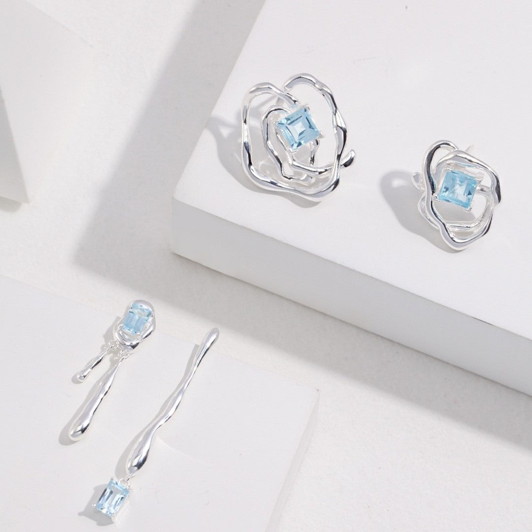 Liquid Series Topaz Earrings | S925 Sterling Silver, Natural Blue Topaz, Silver Finish
