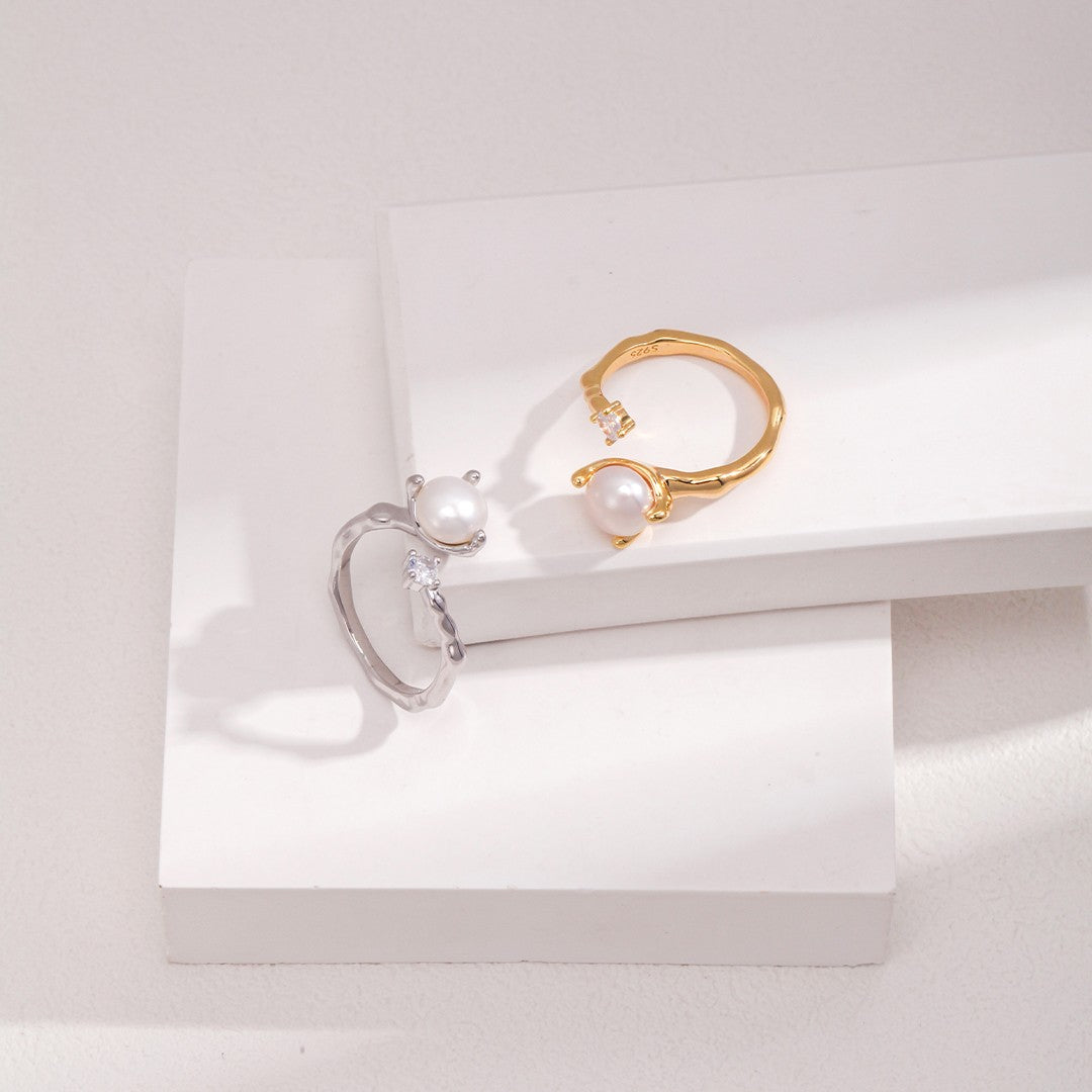 Pearl & Zircon Ring | S925 Sterling Silver, Adjustable, White Gold / Vintage Gold