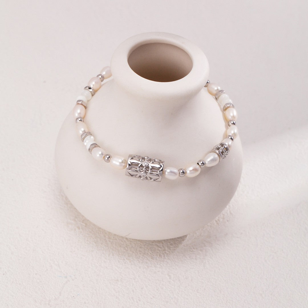 Pearl, Onyx & Zircon Bracelet | S925 Sterling Silver, White Gold / Vintage Gold