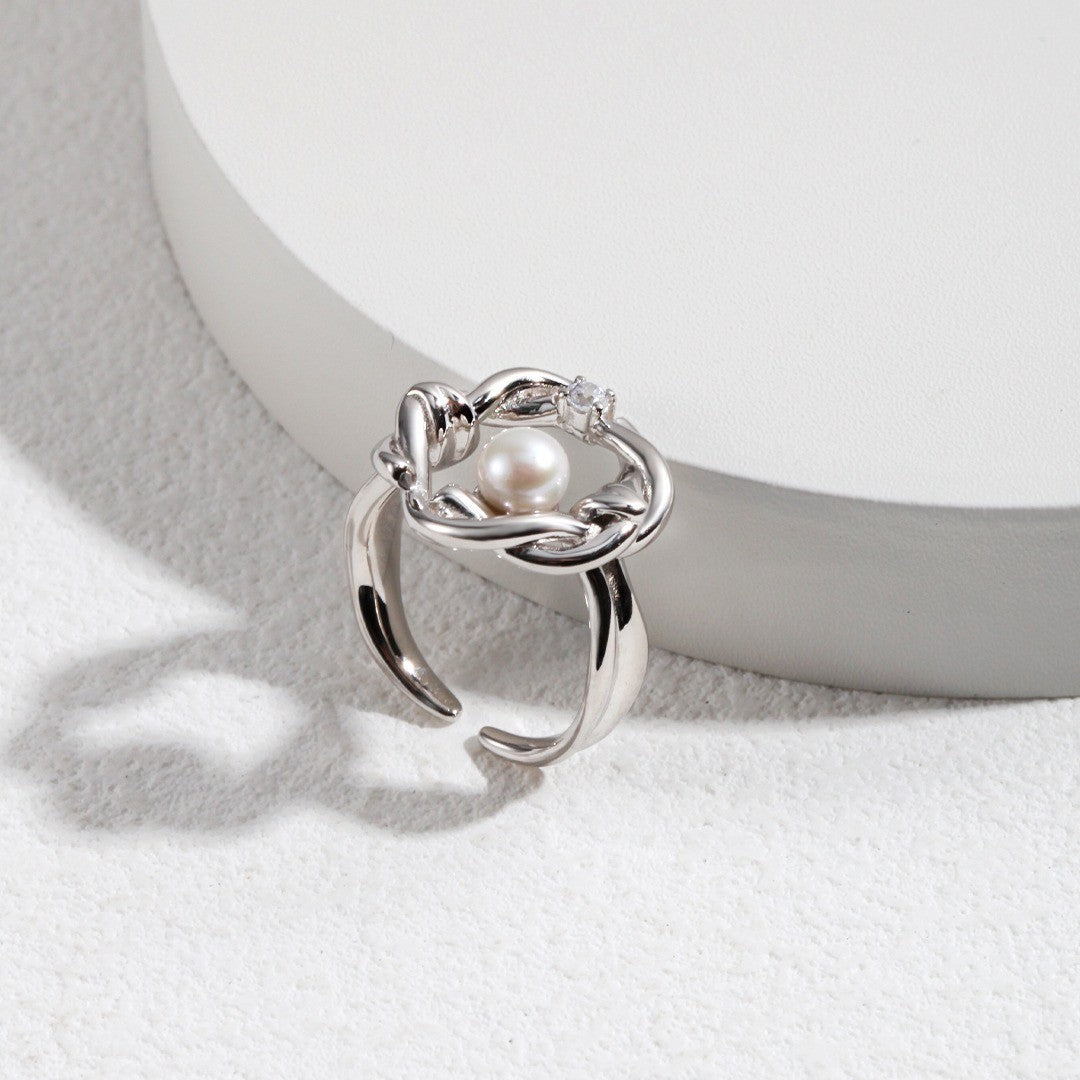 Willow Pearl Ring | S925 Sterling Silver, Adjustable, White Gold / Vintage Gold