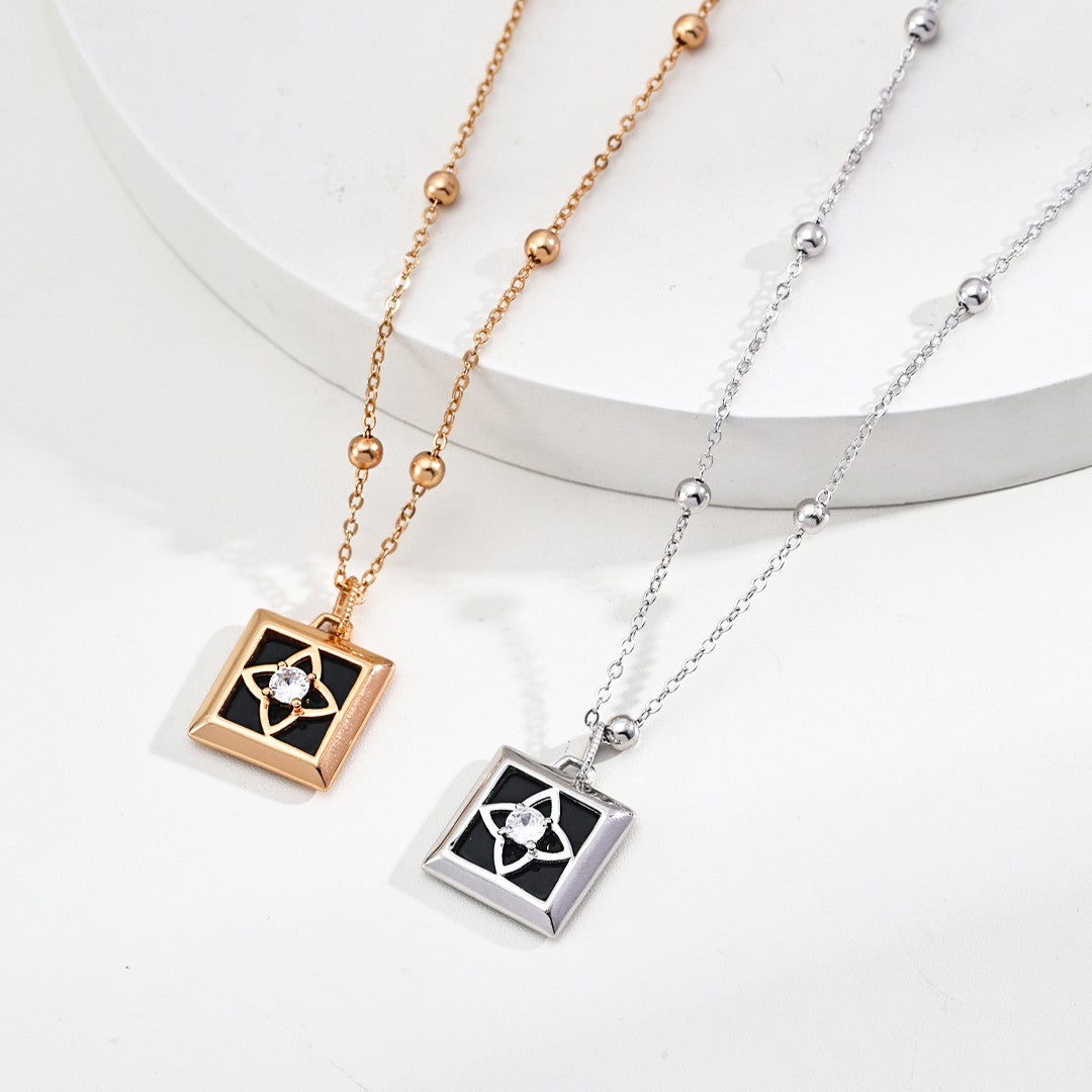 Square Onyx & Zircon Pendant Necklace | S925 Sterling Silver, Vintage Gold / White Gold