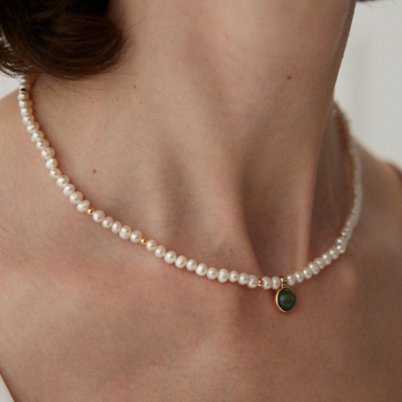 Moss Agate Pearl Necklace | S925 Sterling Silver, Vintage Gold