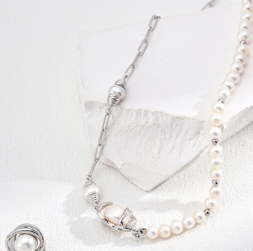 Asymmetrical Pearl Necklace | S925 Sterling Silver, Vintage Gold / White Gold