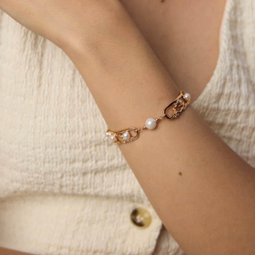 Oriental Window Pearl Bracelet | S925 Sterling Silver, Vintage Gold / White Gold