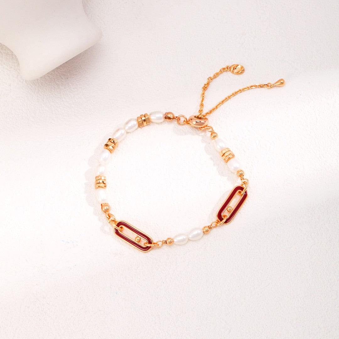 Red Enamel Pearl Bracelet | S925 Sterling Silver, Vintage Gold