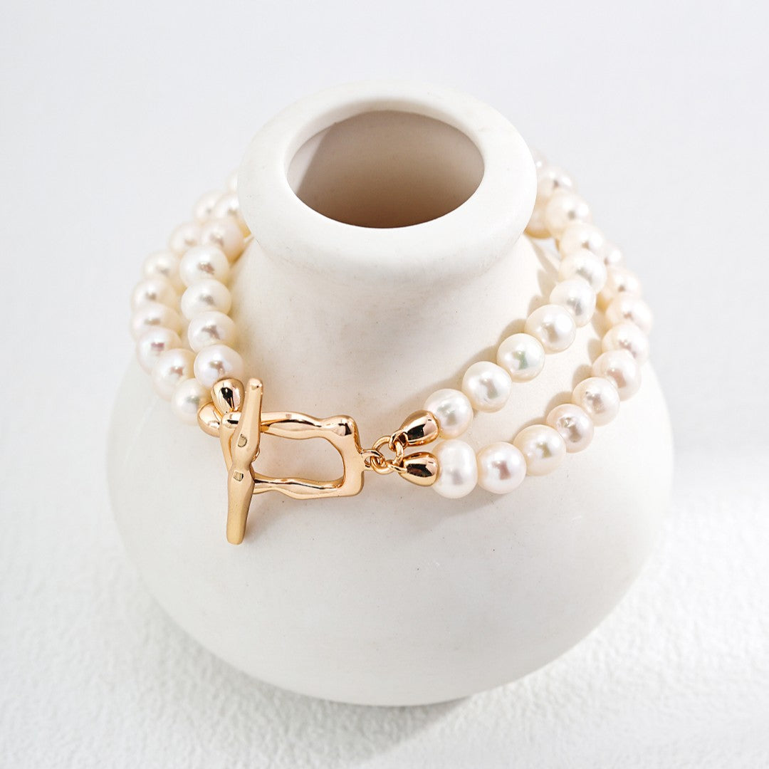 Double Strand Pearl Bracelet | S925 Sterling Silver, Vintage Gold
