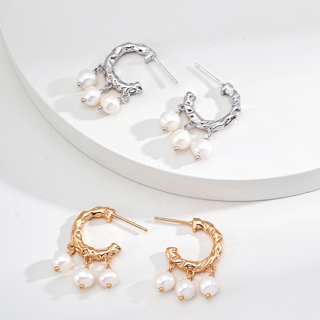 Textured Pearl Drop Hoop Earrings | S925 Sterling Silver