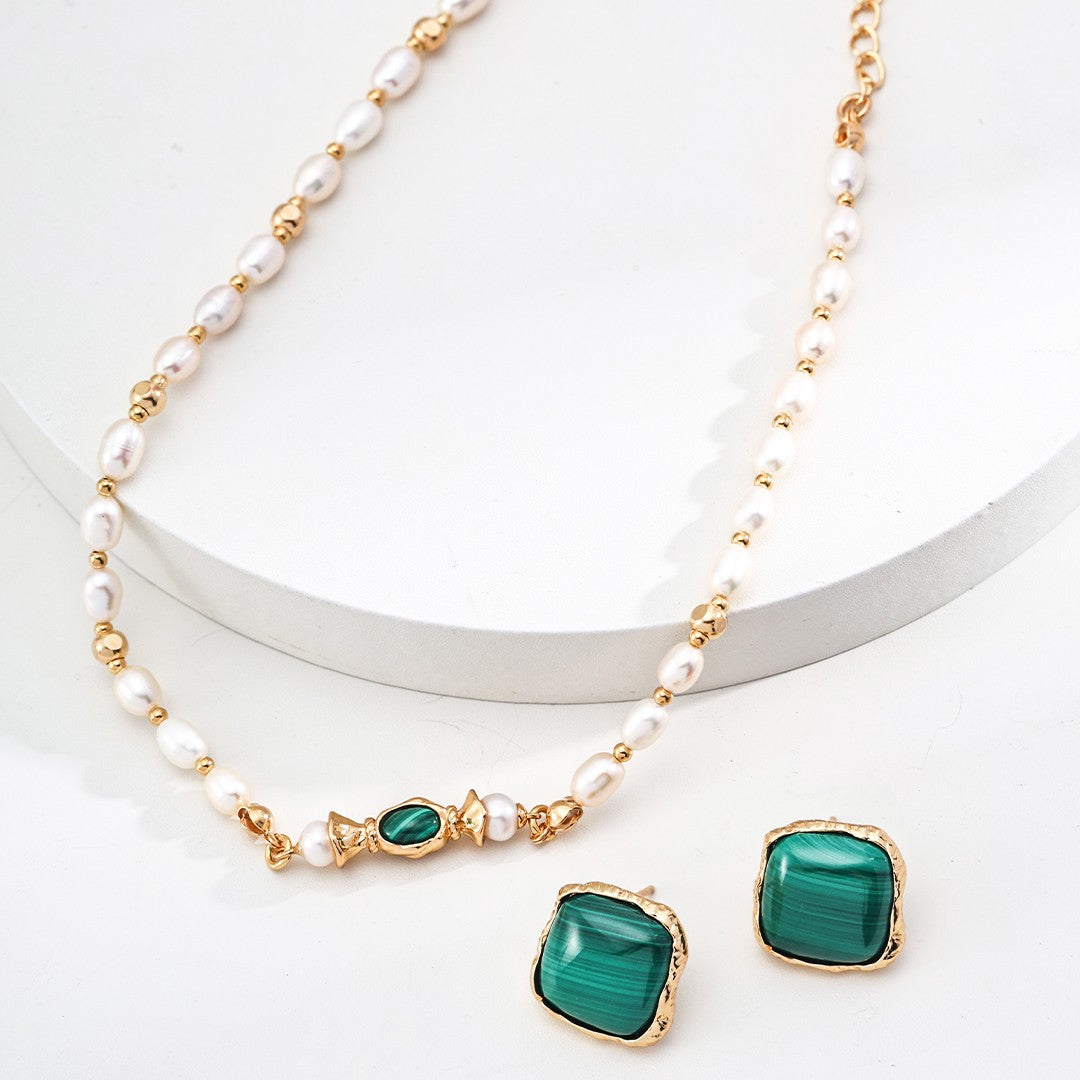 Malachite & Pearl Necklace | S925 Sterling Silver, Vintage Gold