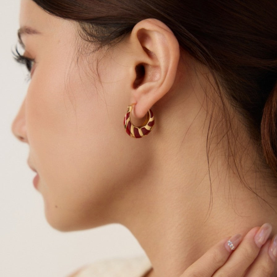 Red Enamel Striped Hoop Earrings | S925 Sterling Silver