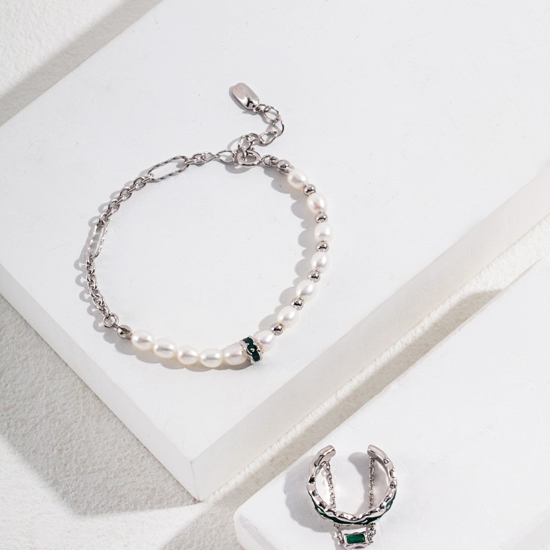 “Flow” Enamel Pearl Bracelet | S925 Sterling Silver, White Gold / Vintage Gold