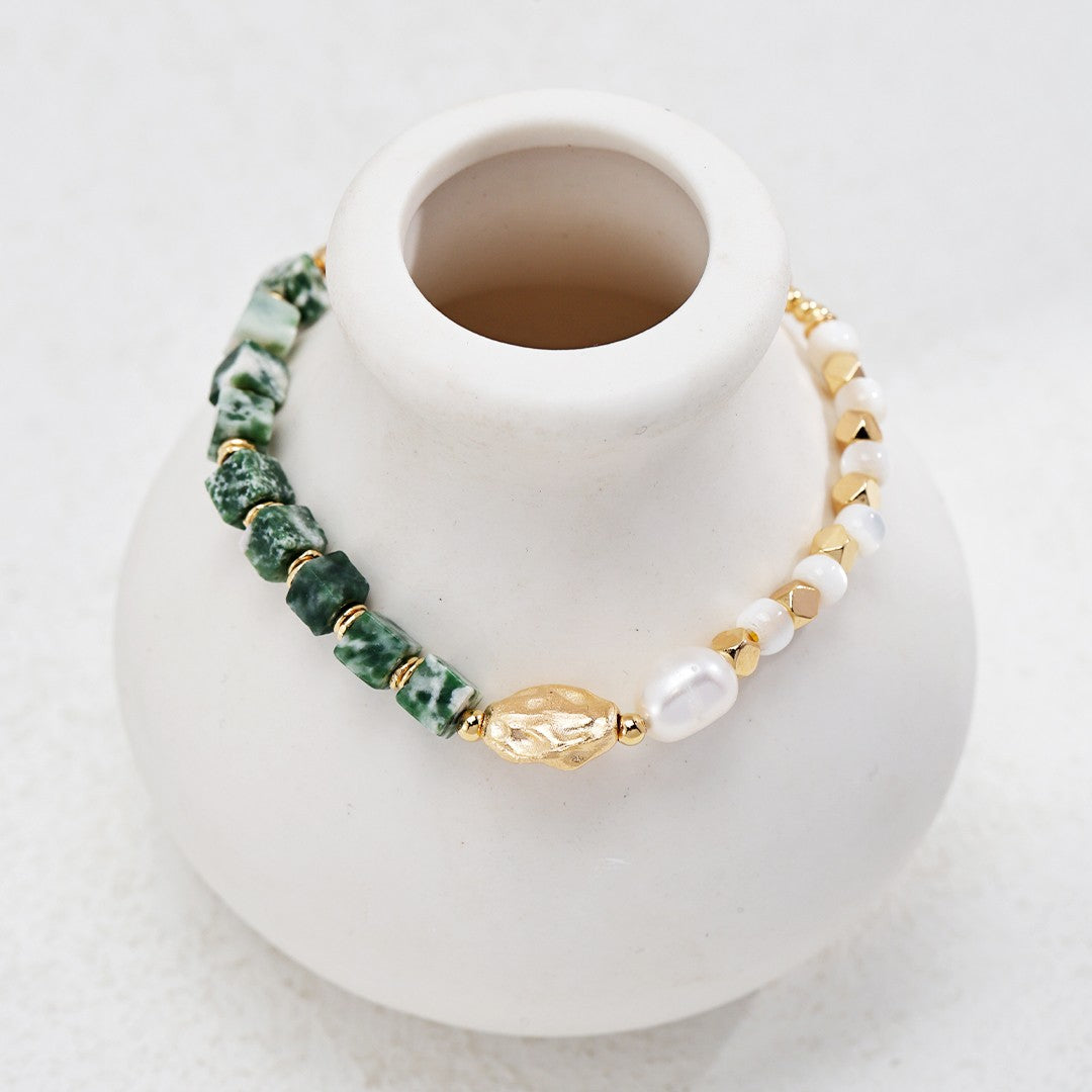 Stone & Pearl Bracelet | S925 Sterling Silver, Vintage Gold
