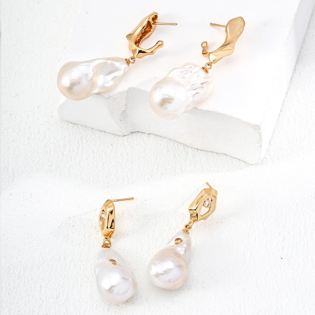 Baroque Pearl & Geometric Zircon Earrings | S925 Sterling Silver