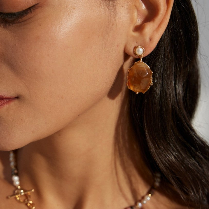 Vintage Pearl & Amber Resin Earrings | S925 Sterling Silver