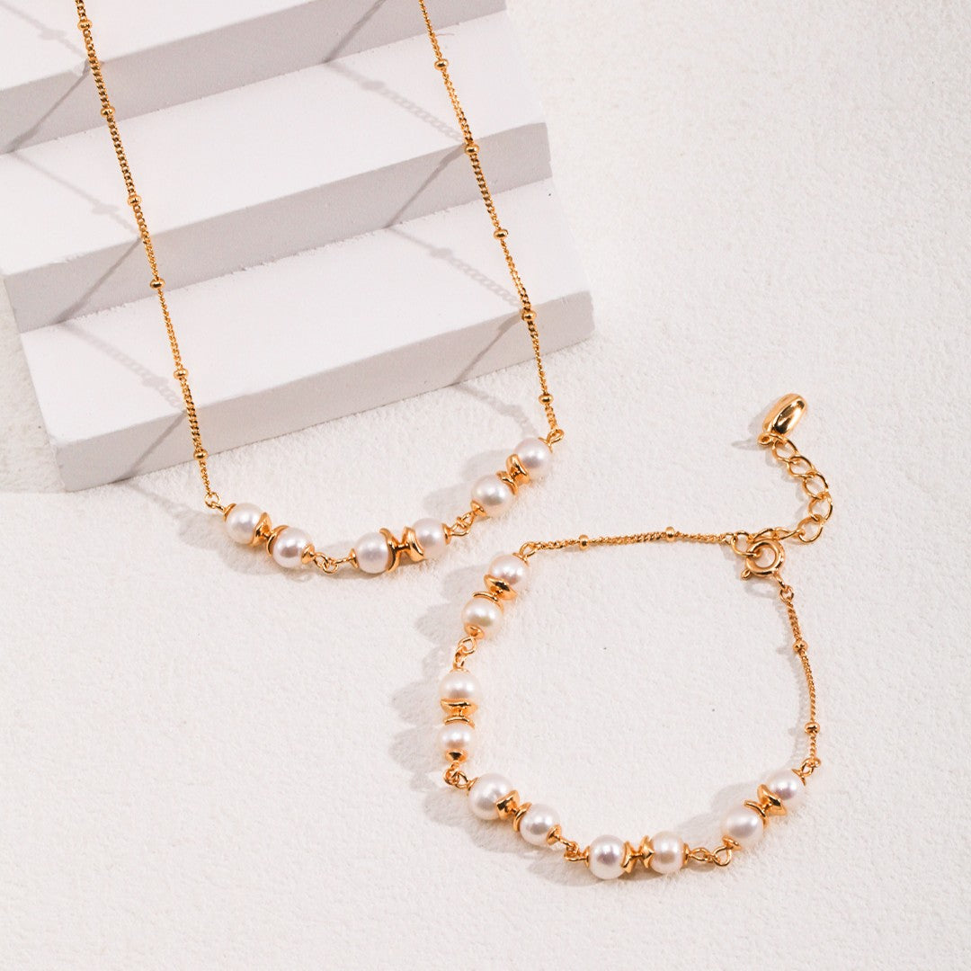 Pearl Link Bracelet | S925 Sterling Silver, White Gold / Vintage Gold