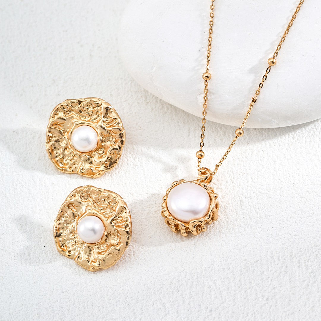 Textured Round Pearl Earrings | S925 Sterling Silver