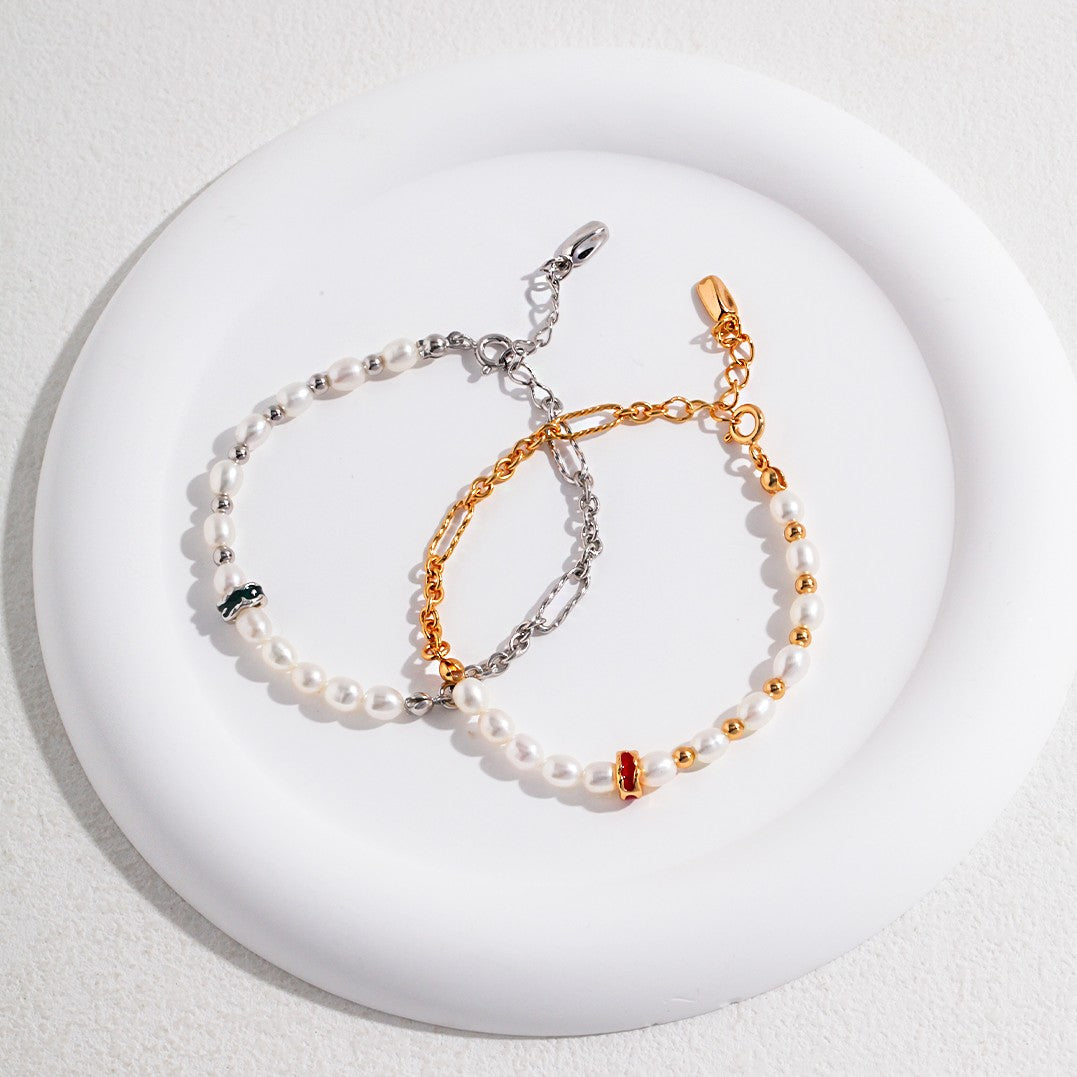 “Flow” Enamel Pearl Bracelet | S925 Sterling Silver, White Gold / Vintage Gold