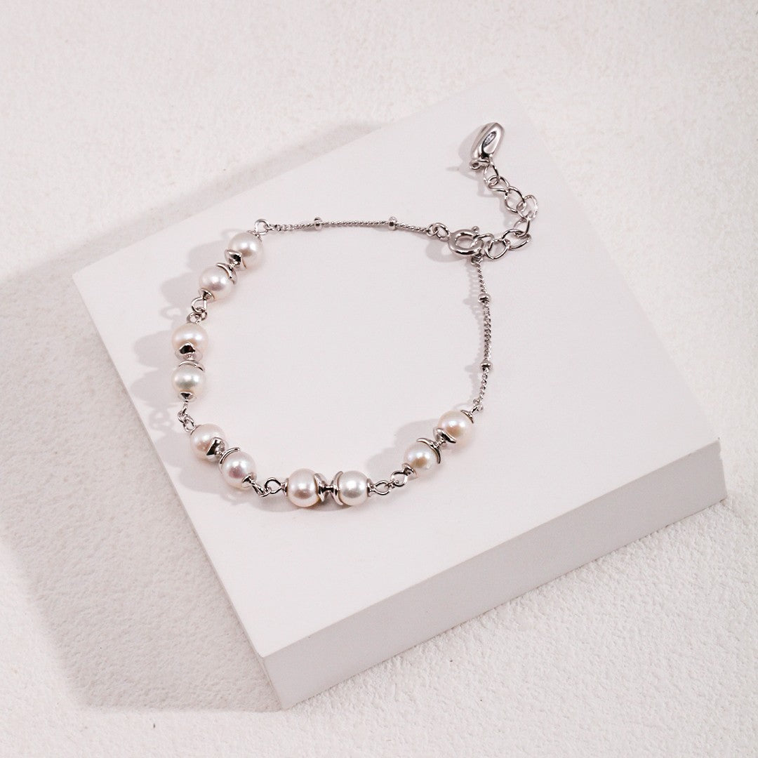 Pearl Link Bracelet | S925 Sterling Silver, White Gold / Vintage Gold