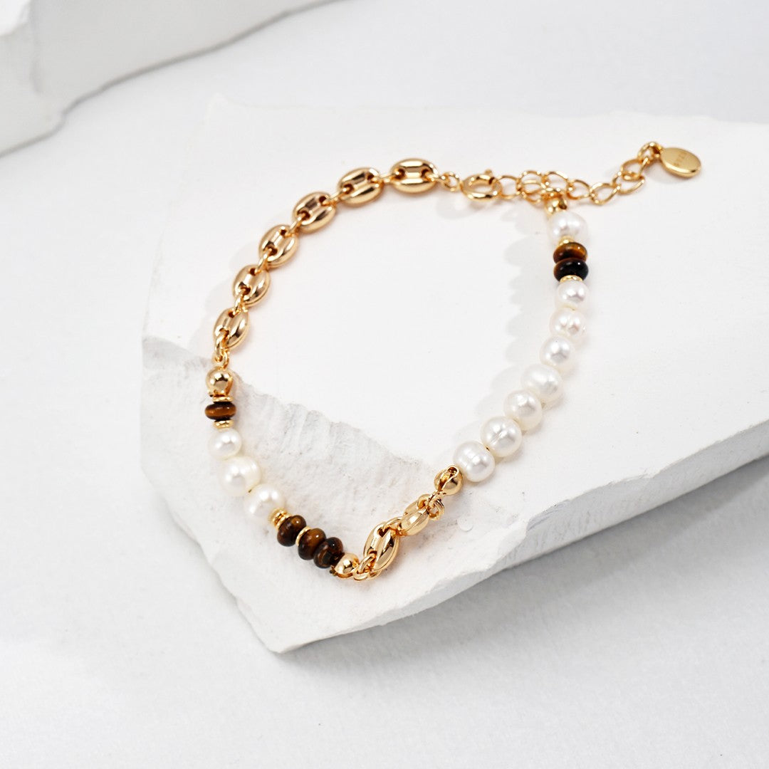 Tiger Eye & Pearl Bracelet | S925 Sterling Silver, Vintage Gold