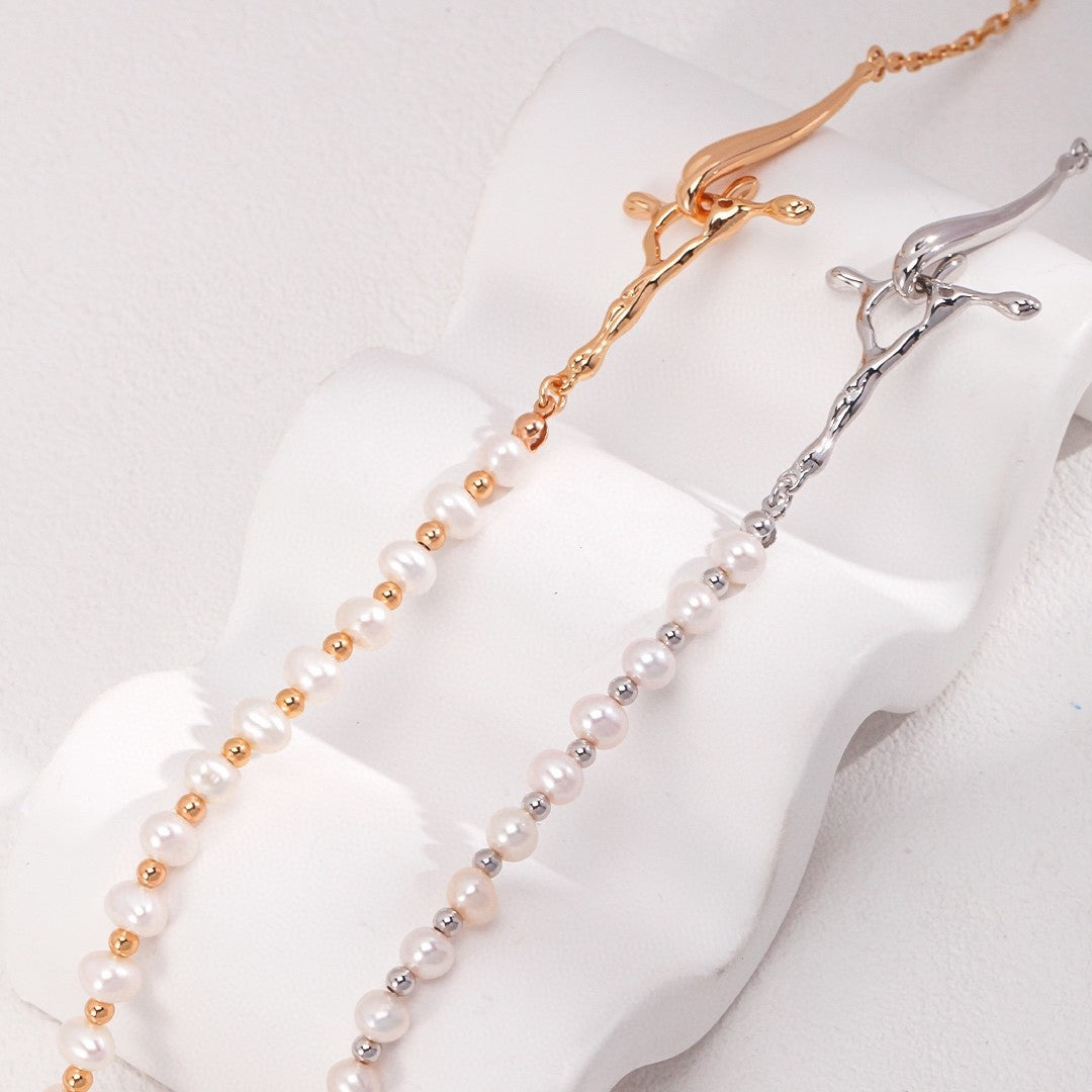 Liquid Flow Pearl Necklace | S925 Sterling Silver, Vintage Gold / White Gold