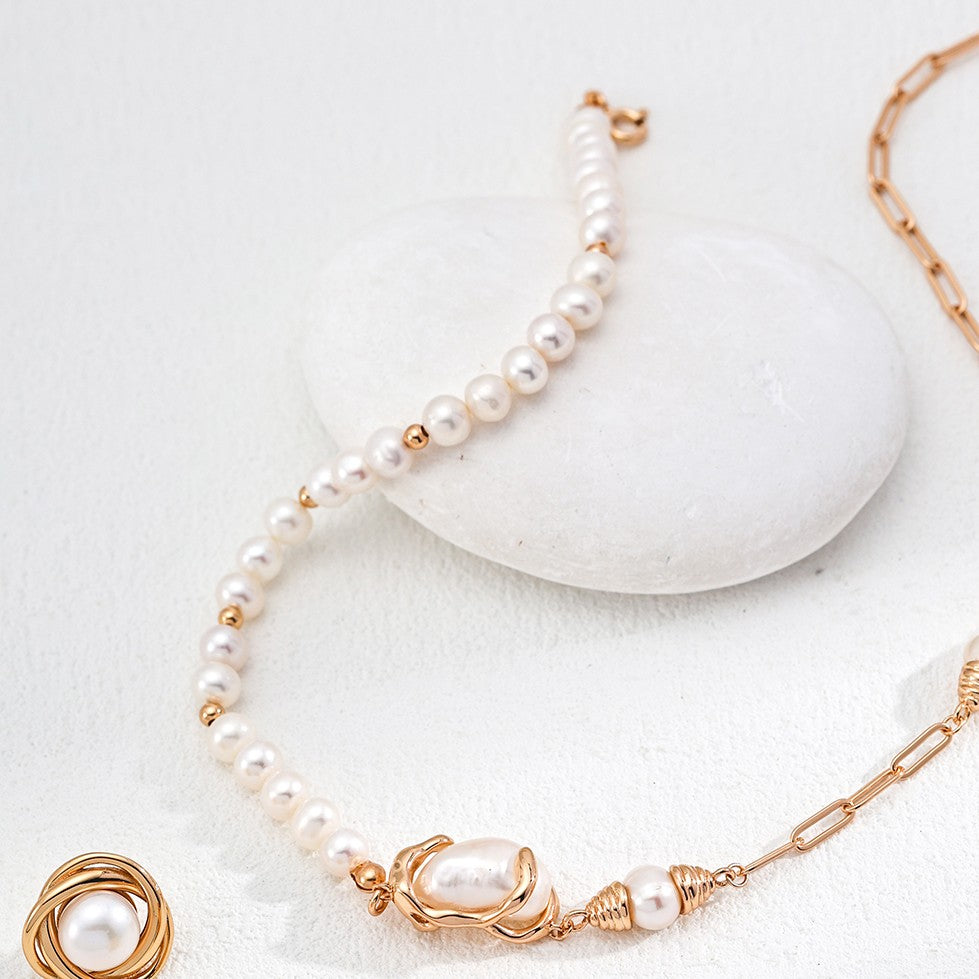 Asymmetrical Pearl Necklace | S925 Sterling Silver, Vintage Gold / White Gold