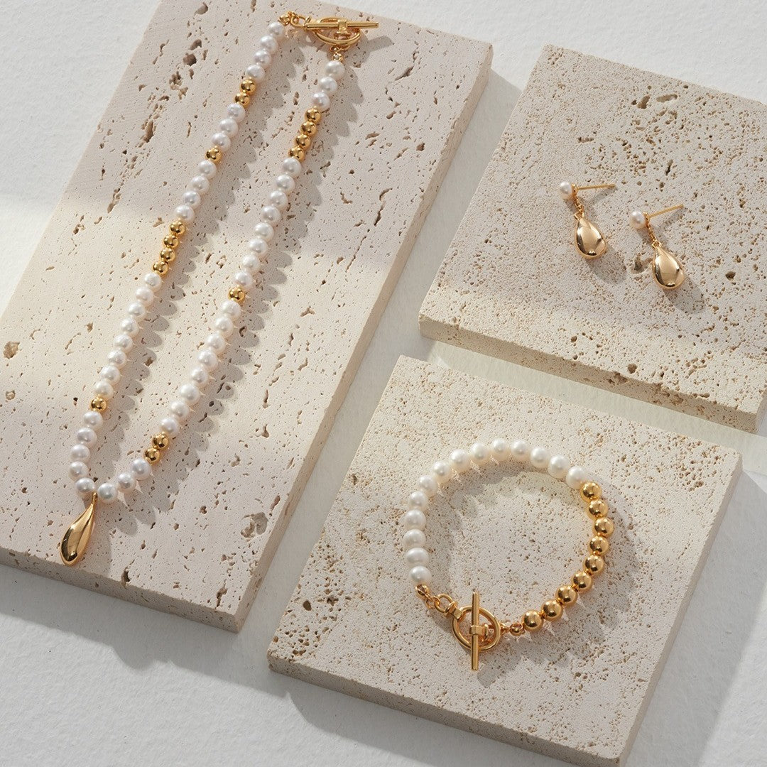 Half Pearl Bracelet | S925 Sterling Silver, Vintage Gold