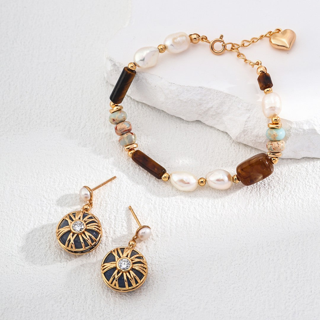 Shoushan Stone & Pearl Bracelet | S925 Sterling Silver, Vintage Gold