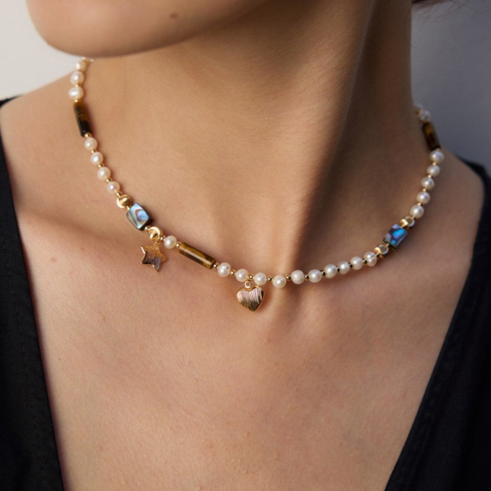Tiger’s Eye, Abalone & Pearl Charm Necklace | S925 Sterling Silver, Vintage Gold