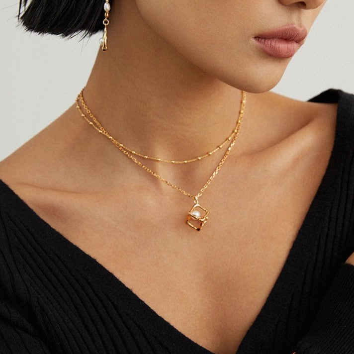 Geometric Pearl Cube Necklace | S925 Sterling Silver, Vintage Gold / White Gold