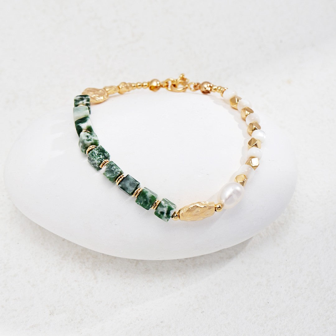 Stone & Pearl Bracelet | S925 Sterling Silver, Vintage Gold
