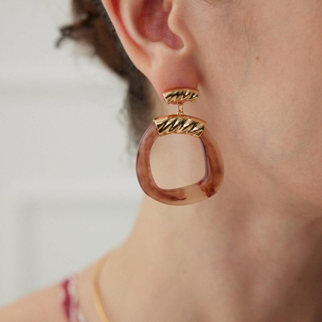 Retro Resin Hoop Earrings | S925 Sterling Silver, Caramel & Vintage Gold