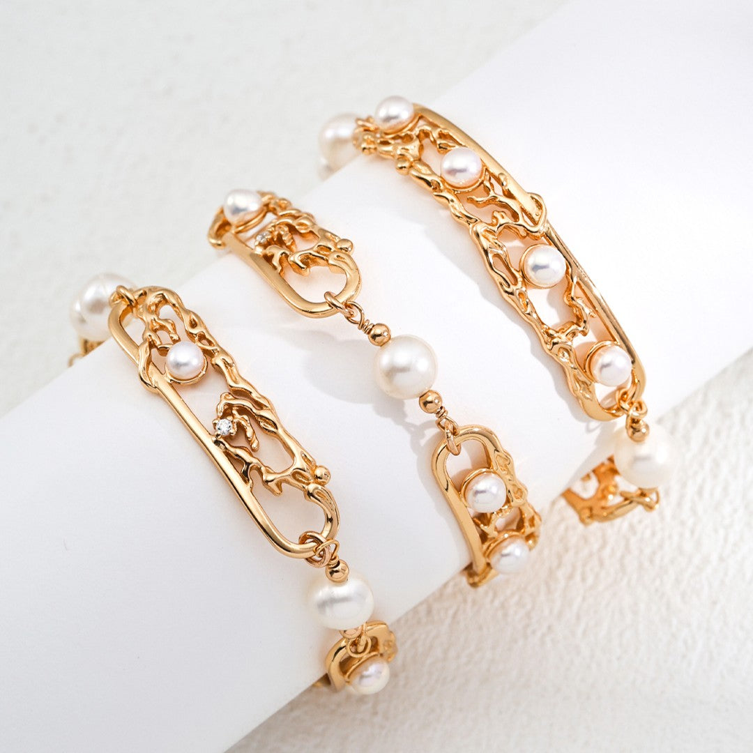 Oriental Window Pearl Bracelet | S925 Sterling Silver, Vintage Gold / White Gold