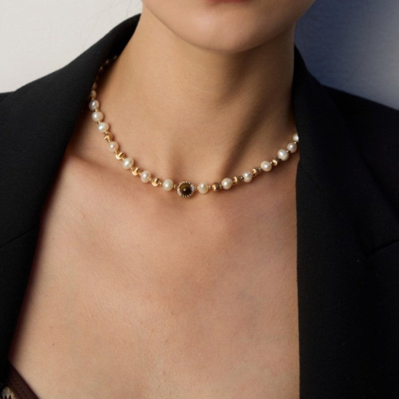 Tiger’s Eye & Pearl Necklace | S925 Sterling Silver, Vintage Gold