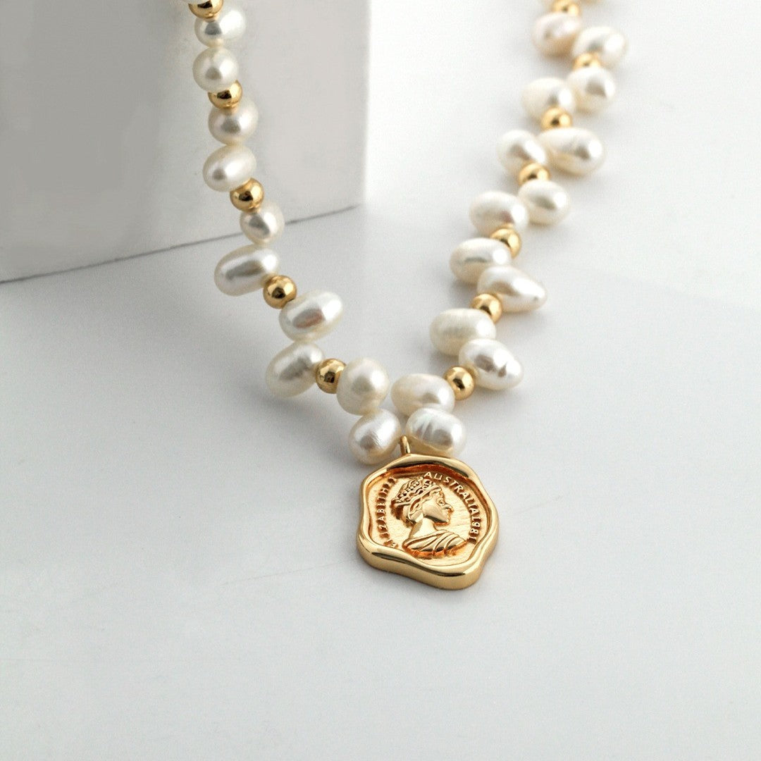 Royal Seal Pearl Necklace | S925 Sterling Silver, Vintage Gold